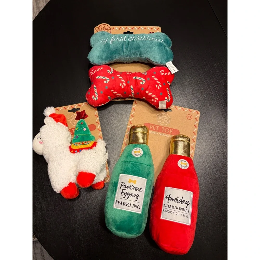 Winifred & Lily Christmas Dog Toy Bundle 5pc My First Christmas Llama Wine Bones